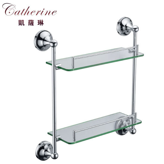 Contemporary Square Double-Deck Stainless Steel Glass Shelf in Chrome (2014)